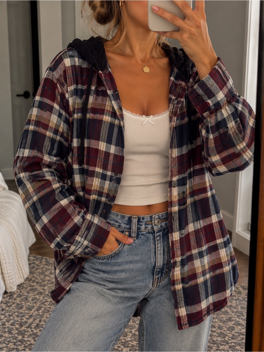 PacSun Burgundy Navy Plaid Button-Down Hooded Shirt